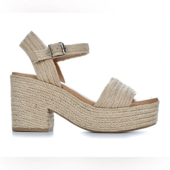 Straw raffia jute platform espadrille heeled sandal heels  side buckle open toe - Picture 3 of 7